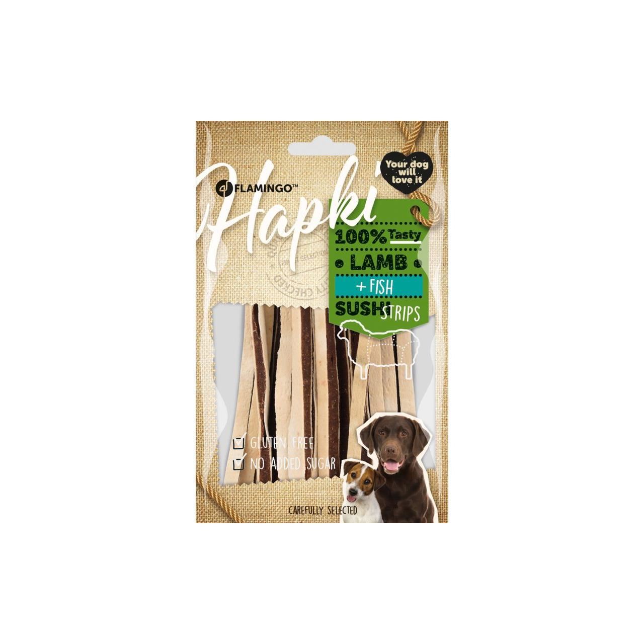 RECOMPENSE PENTRU CAINI FLAMINGO SNACK HAPKI SUSHI STRIPS MIEL SI PESTE 85G