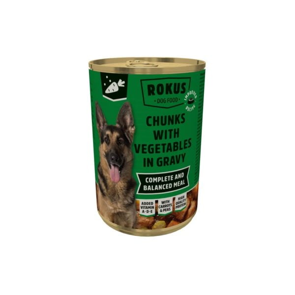 HRANA UMEDA PENTRU CAINI ROKUS CONSERVA LEGUME IN SOS 415GR