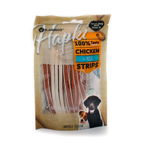 RECOMPENSE PENTRU CAINI FLAMINGO SNACK HAPKI STRIPS PUI SI PESTE 85GR
