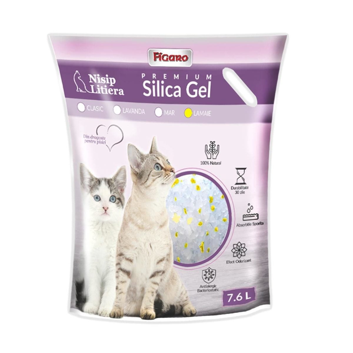 Asternut pentru litiera pisici nisip silica-gel figaro premium 7.6l-lamaie
