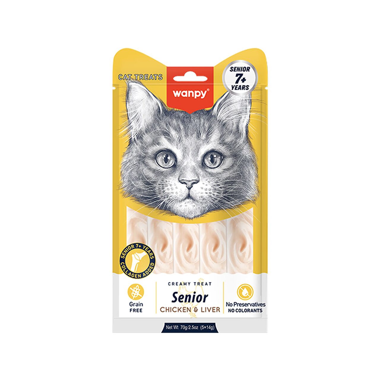 WANPY RECOMPENSE PENTRU PISICI SENIOARE (>7ANI) SNACK CREMA CU PUI & FICAT DISPLAY (12 PACHETE X 5 PLICULETE X 14 G)