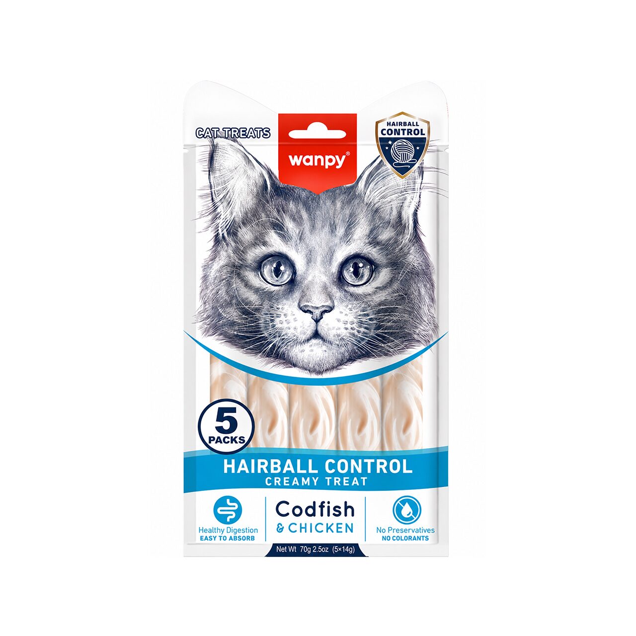 WANPY RECOMPENSE PENTRU PISICI SNACK CREMA HAIRBALL CONTROL CU COD & PUI DISPLAY (12 PACHETE X 5 PLICULETE X 14 G)