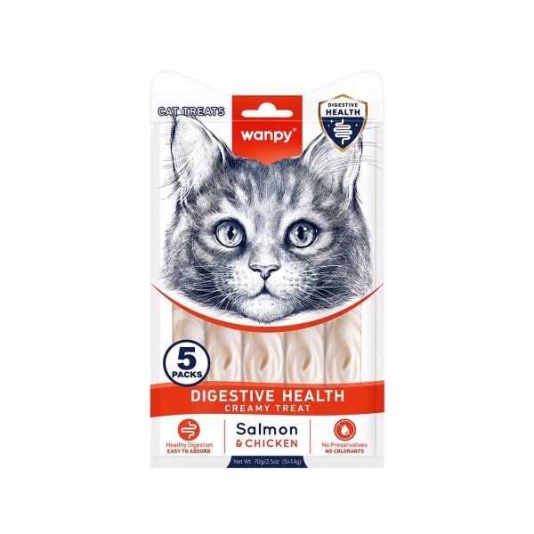 WANPY RECOMPENSE PENTRU PISICI SNACK CREMA DIGESTIVE HEALTH CU SOMON & PUI DISPLAY (12 PACHETE X 5 PLICULETE X 14 G)